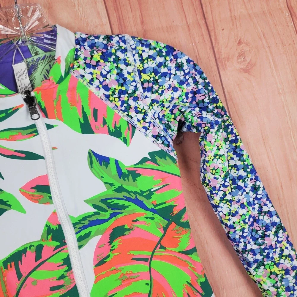 Maaji Girls Swim Top Sz 10 Multi Floral Stretch Reversible Full Zip Long Sleeve